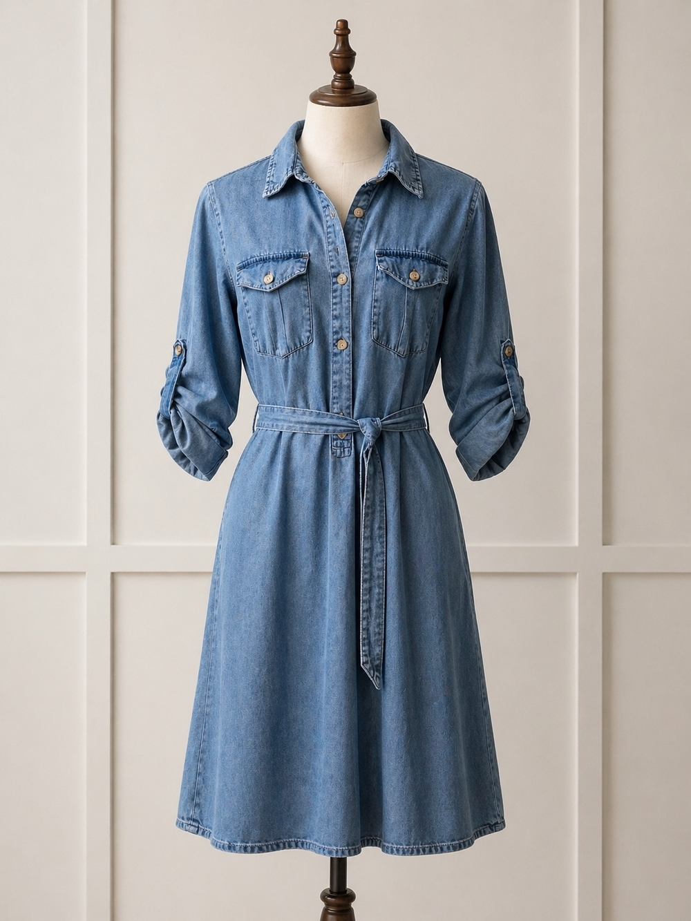 Denim Shirt Dress with Tie Belt - Blue